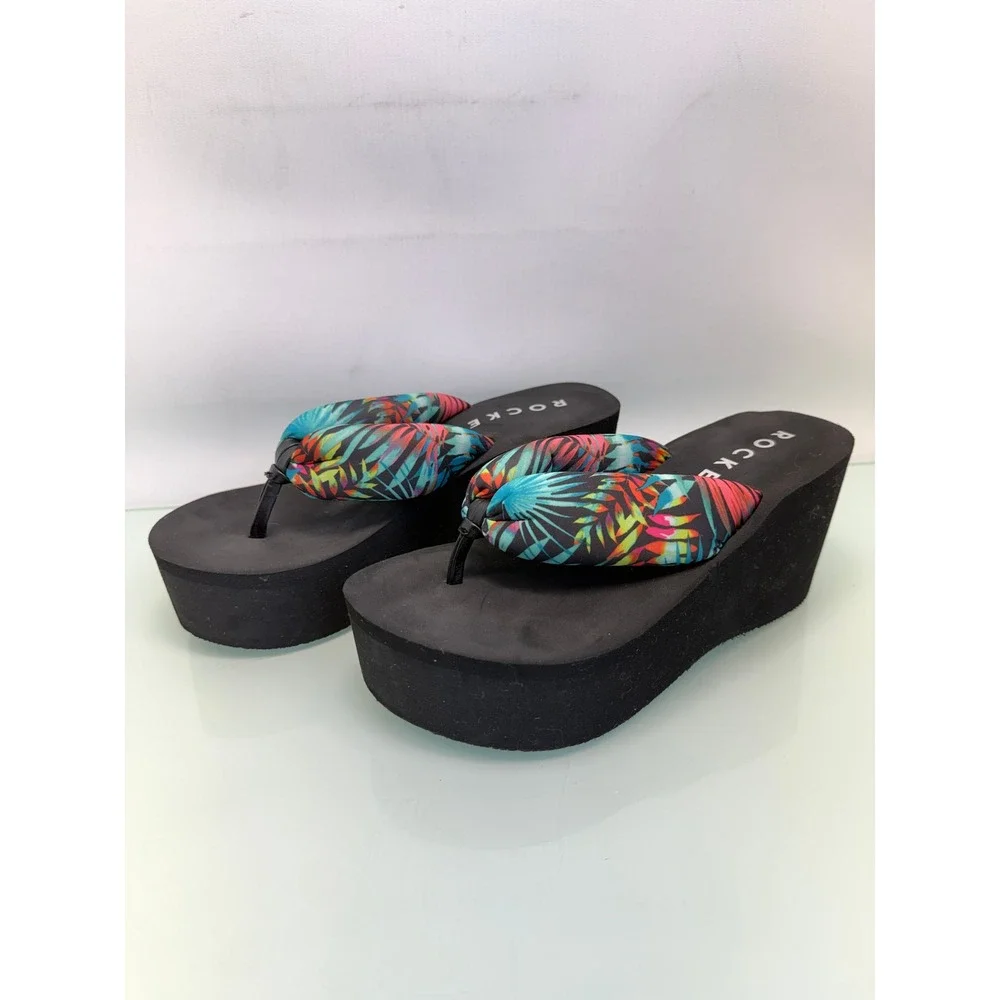 Rocket Dog Platform Flip Flop Sandals Women 6 Black Tropical Y2K Chunky Slides